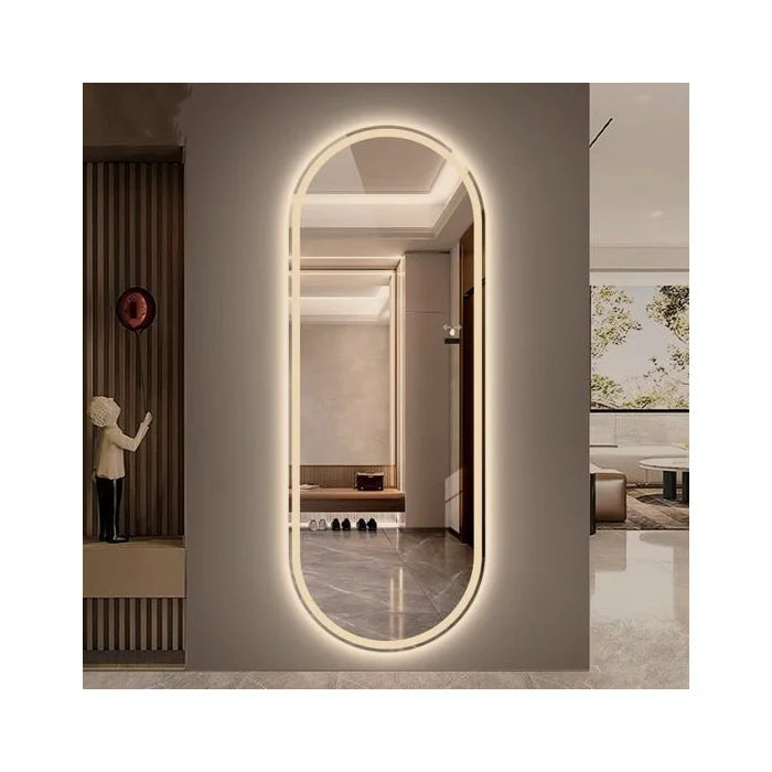 Elegant Sandblasted Oval Mirror with Soft LED Glow – 60 x 150 cm | Crafted from Wood and Oval Glass