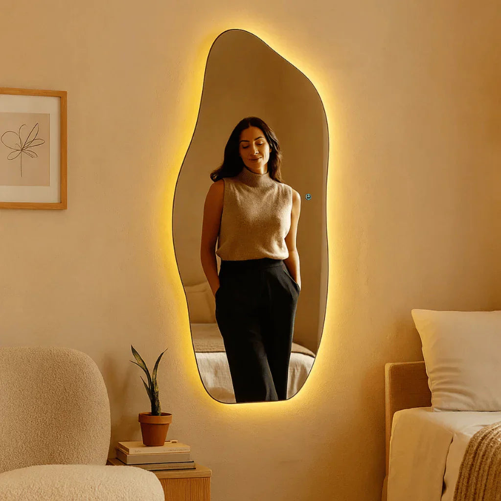 Transform Your Space: Lopazzi Oversized Full-Length Mirror with Organic Cotton Frame & Adjustable LED Lighting – 115 x 60 cm – Special Sale!