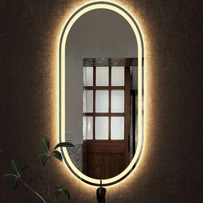 Elegant Sandblasted Oval Mirror with Soft LED Glow – 60 x 150 cm | Crafted from Wood and Oval Glass